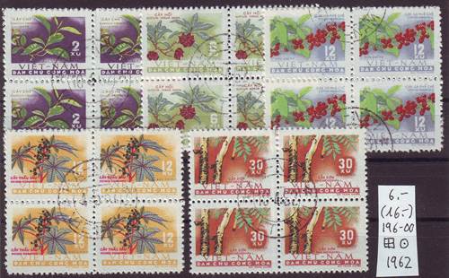 Foto Briefmarken: Nutzpflanzen 5 Briefmarken-Viererblöcke Nord-Vietnam von 1962 gestempelt