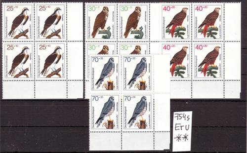 Foto Briefmarken: Bund 754-757 Greifvögel Eckrand-Viererblöcke