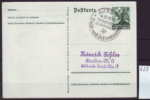 Foto Briefmarken: Ganzsache P 275 Sudentenland mit Sonderstempel Aussig