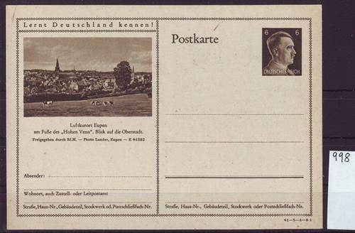 Foto Briefmarken: Bildpostkarte Drittes Reich P 305 aus Eupen