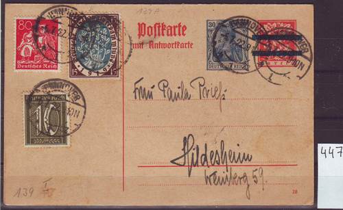 Foto Briefmarken: Antwortkarte P 139 I mit Zusatzfrankatur gelaufen