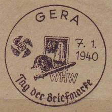 Foto Handserienstempel Tag der Briefmarke Stahlhelm, Schwert 1940