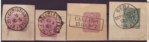 Foto Tagesstempel K1 und K2 von Christiansfeld, R2 von Callins, Segmentstempel von Gera